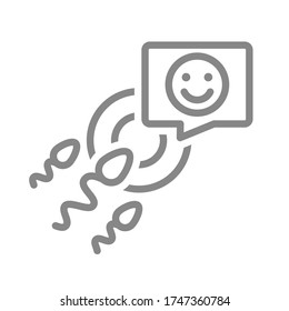 Huevo y esperma con cara feliz en el icono de la línea de burbuja de voz. Símbolo saludable de fertilización humana