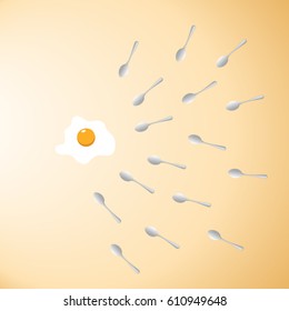 Egg and spoon like sperm competition concept. Spermatozoon floating to ovule. vector illustration.