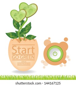 Egg. Start button. Heart. Go green. Save world. vector illustration.
