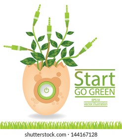 Egg. Start button. Jack plug. Go green. Save world. vector illustration.