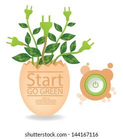 Egg. Start button. Tree design. Plug. Go green. Save world. vector illustration.