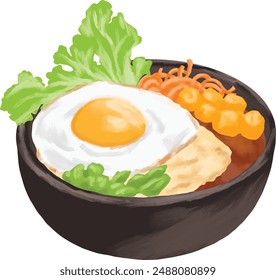 Egg sunny side curry rice bowl painting menu illustration
