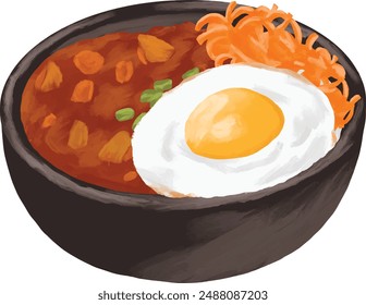 Egg sunny side curry rice bowl painting menu illustration