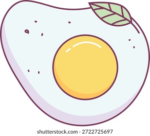 Ovo com gema ensolarada e folha de ervas enfeite em negrito contorno e sombreamento suave. Símbolo de café da manhã, proteína, frescura e apelo de comida de conforto. Ilustração de vetor de desenhos animados.