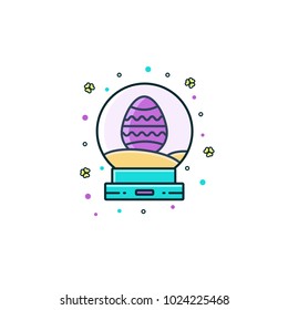 Egg symbol inside the waterglobe - flat color line icon on isolated background. Easter traditional sign into snow globe vector illustration in thin linear design. 