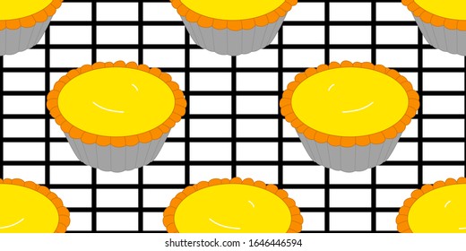 Egg tart, custard tart on tray seamless pattern background. Cartoon hand drawn Chinese food, Hong Kong dim sum and Asian dessert background. Great for kitchen wallpaper, card, menu, packaging design.