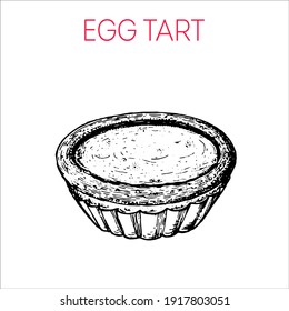 Egg Tart. Comida callejera de Hong Kong. Esbozo pintado a mano. Comida china. Ilustración vectorial.