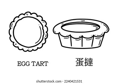 Egg tart vector illustration. Translation from Chinese egg tarts. New year dessert in doodle style.