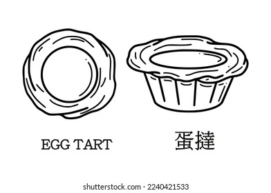 Egg tart vector illustration. Translation from Chinese egg tarts. New year dessert in doodle style.