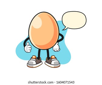 Egg thumbs up with speech bubble cartoon. Mascot Character vector.