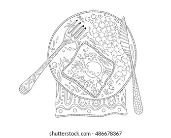 Egg toast adult coloring page in zentangle style
