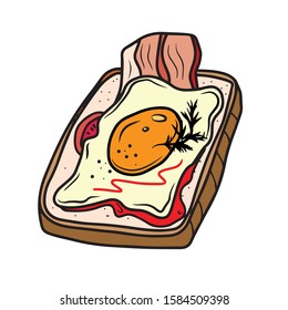 Egg toast with bacon and tomato for Breakfast. On a white isolated background. Hand-drawn. Vector illustration 