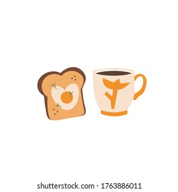 Egg toast and coffee cup. English breakfast concept. Vector illustration
