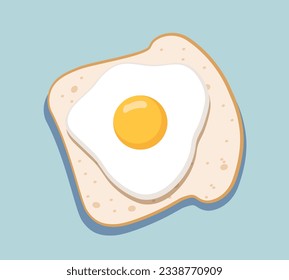 Egg at toast concept. Natural and organic fresh product. Traditional morning breakfast. Healthy eating. Template, layout and mock up. Cartoon flat vector illustration isolated on blue background