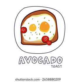 Ilustración vectorial de huevo tostado. Dos sabrosos huevos en el pan con tomates