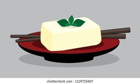 egg tofu on red plate, bean curd japan style with chopsticks. japanese food.
