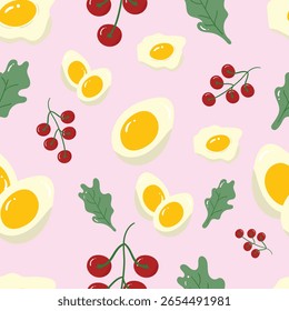 Ovo, tomate, alface sobre um fundo rosa. Comida padrão sem emenda para roupas, tecido, papel de parede, pano de fundo, decoração de casa, livro de capa e arte de parede. 