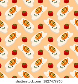 Egg with tomato pattern, seamless pattern on orange background.