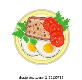 Egg, tomatoes, parsley, gray bread, healthy breakfast, color drawing, on a transparent background