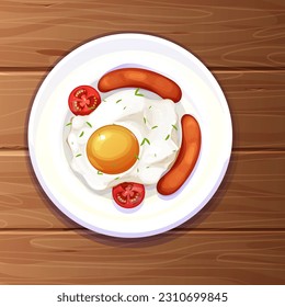 Egg and tomatos fried on plate, kitchen wooden table top view decorated with tablecloth in cartoon style. Morning food. Vector illustration