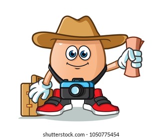 egg traveler with camera, map, hat, and suitcase mascot vector cartoon illustration