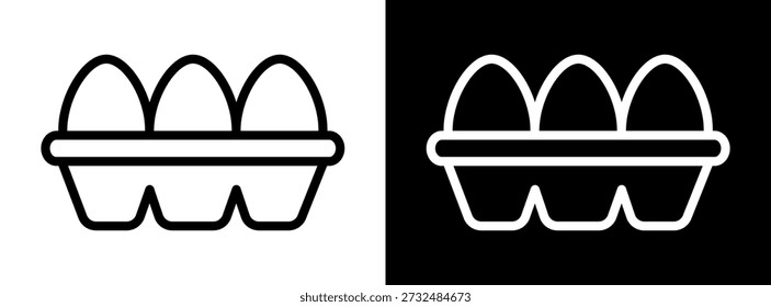 Egg tray icon in outline style. Vector illustration of eggs placed in carton tray, showing organized egg storage for farm, grocery, food packaging and poultry related concepts.