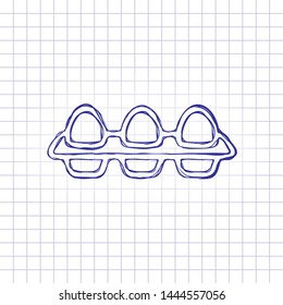 egg tray, linear outline icon. Hand drawn picture on paper sheet. Blue ink, outline sketch style. Doodle on checkered background