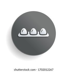 egg tray, linear outline icon. White paper symbol on gray round button or badge with shadow