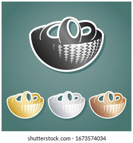 Egg Tray sign. Set of metallic Icons with gray, gold, silver and bronze gradient with white contour and shadow at viridan background. Illustration.