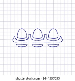 egg tray, simple icon. Hand drawn picture on paper sheet. Blue ink, outline sketch style. Doodle on checkered background