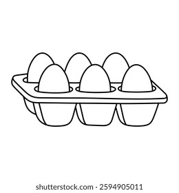 Egg tray vector illustration. Egg holder with six eggs in doodle style. Black line art isolated on white background.