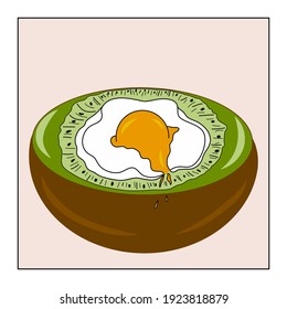 Egg upon kiwi fruit illustration. Idea for decors, calendars, gifts, celebrations, invitation, greeting, cooking and breakfast themes. Ready-made artworks.