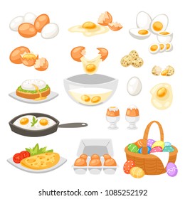 Egg vector easter food and healthy eggwhite or yolk in egg-cup or cooking omelette in frying pan for breakfast illustration set of eggshell or egg shaped ingredients isolated on white background