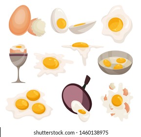 Egg vector healthy food eggwhite or yolk in egg-cup for breakfast illustration set of eggshell or egg shaped ingredients isolated on white background.