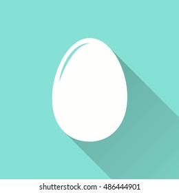 Egg vector icon with long shadow. White illustration isolated on green background for graphic and web design.