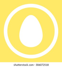 Egg vector icon. This rounded flat symbol is drawn with white color on a yellow background.