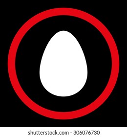 Egg vector icon. This rounded flat symbol is drawn with red and white colors on a black background.