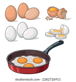 Ei, Vektorgrafik. Illustrationen von rohen, gekochten, frittierten Eiern