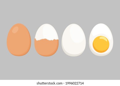 Egg vector isolated on a white background. Set of boiled eggs, half peeled, peeled, sliced. Vector illustration. Eggs in various shapes in flat illustration style