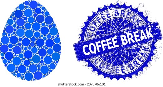 Egg vector mosaic of dots in different sizes and blue color tints, and scratched Coffee Break badge. Blue round sharp rosette badge includes Coffee Break caption inside.