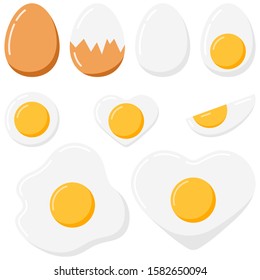 Egg Vector Set Isolated On White Background. Collection Of Fried, Peeled, Boiled, Half, Sliced, Heart Shape Eggs. Vector Illustration. Eggs In Various Forms. Top And Side View.