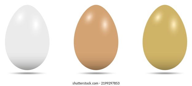 Egg vector set. Three eggs in white, brown and gold. White isolated background.
Three simple egg shapes with Bottom shadow.
Bottom Shadow removable for own requirements.