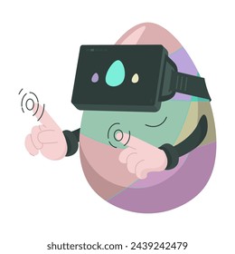 
Egg in virtual reality glasses for Easter Day. The egg makes a choice clicking in the air by hands. Egg with pastel colors for decoration. Flat vector illustration. 