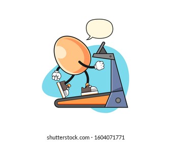Egg walking on treadmill with speech bubble cartoon. Mascot Character vector.