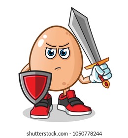 Egg Warior Holding Sword Shield Mascot: vector de stock (libre de