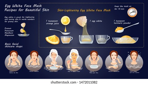 Egg White Face Mask Recipes. Cosmetic mask for face skin, isolated on blue. Set of natural ingredients for facials treatments. Design for beauty salon, cosmetology procedures, spa. Vector.