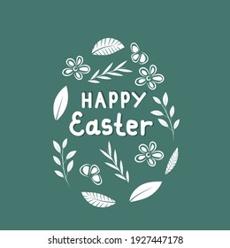  Egg with white happy Easter inscription, flowers, leaves and branches on a green background