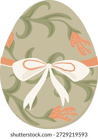 Huevo envuelto con lazo y banda, decorado con adorno de hojas y flores en tonos suaves. Símbolo de fiesta, regalo, Renovación de primavera y celebración. Ilustración vectorial de dibujos animados.