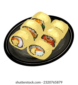 Egg Wrapped Kimbap, Kimbap, Korean, Korean food, Roll, Sushi, japan food,  japanese food, Rice, Seaweed, Vegetables, Gimbap, Nori, Tuna, Cucumber, Carrot, Radish, Egg, Pickled, Sesame, Healthy, Lunch