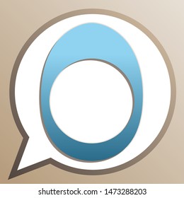 Egg with yolk. Bright cerulean icon in white speech balloon at pale taupe background. Illustration.